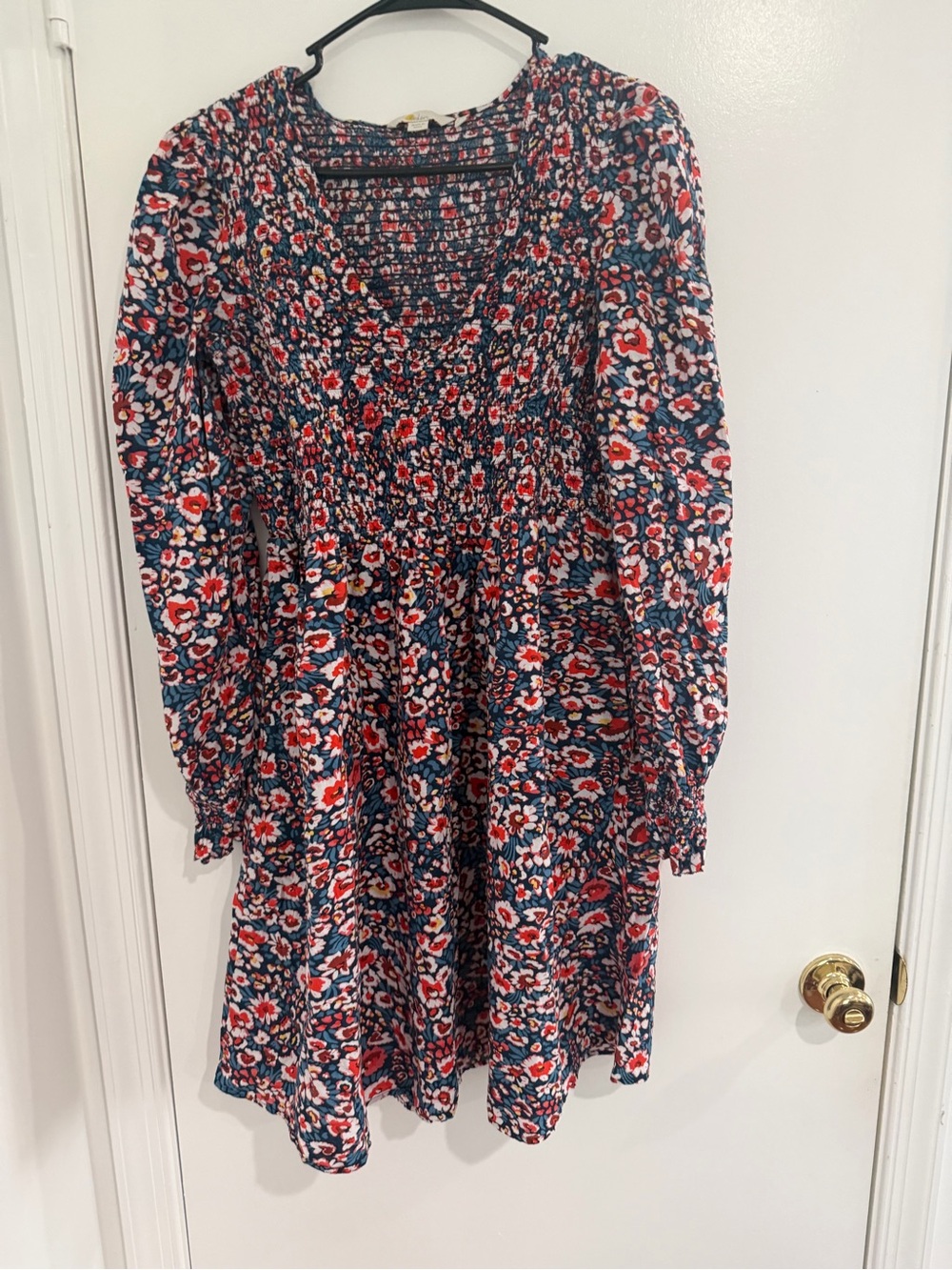 Boden Smocked Bodice floral Mini Dress Women 10 Long Sleeve Cottagecore Prairie